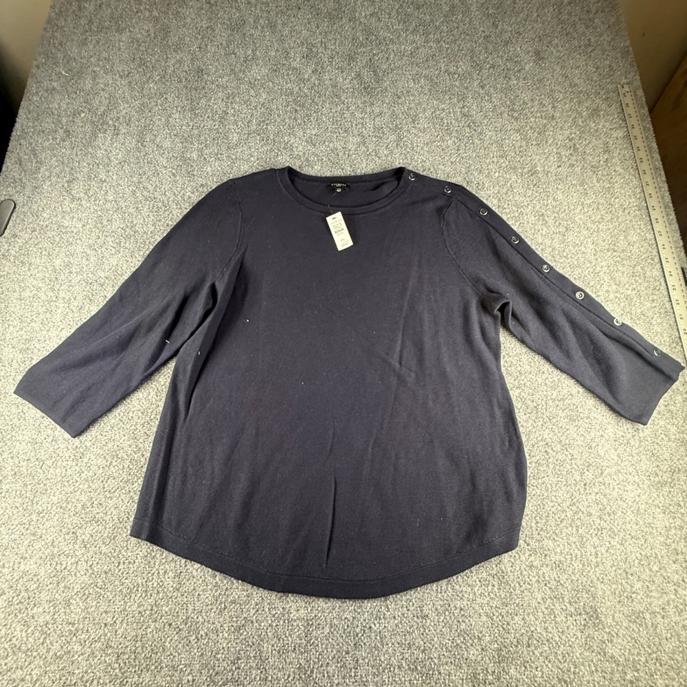 Talbots Petite XL Navy Blue Button Shoulder 3/4 Sleeve Knit Sweater Top 52794902